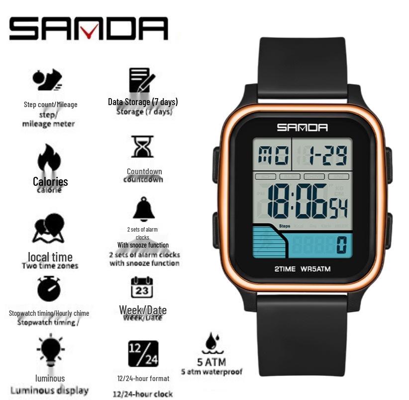 Sanda Classic Square Multifunctional Electronic Watch: Trendy Sports Pedometer & Student Alarm Clock