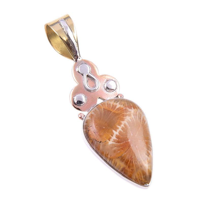 Natural Fossil Coral 925 Solid Sterling Silver TwoTone Gift Pendant 1.75" f7v55