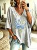 Camiseta casual de mujer con cuello en V, top holgado de manga corta con estampado navideño