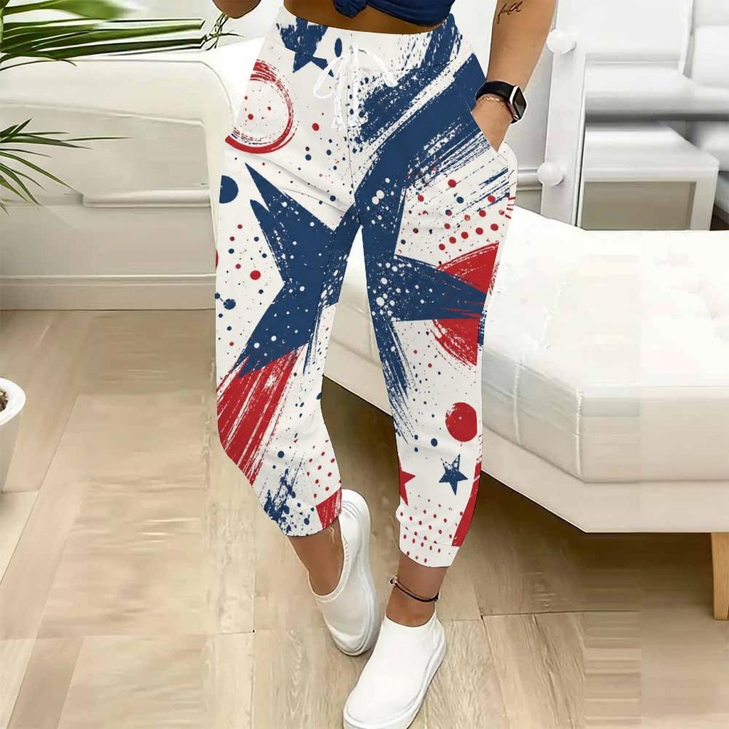 Women Plus Size American Flag Printed Jogger Pants Drawstring Waist Side Pockets Cuffed Ankle