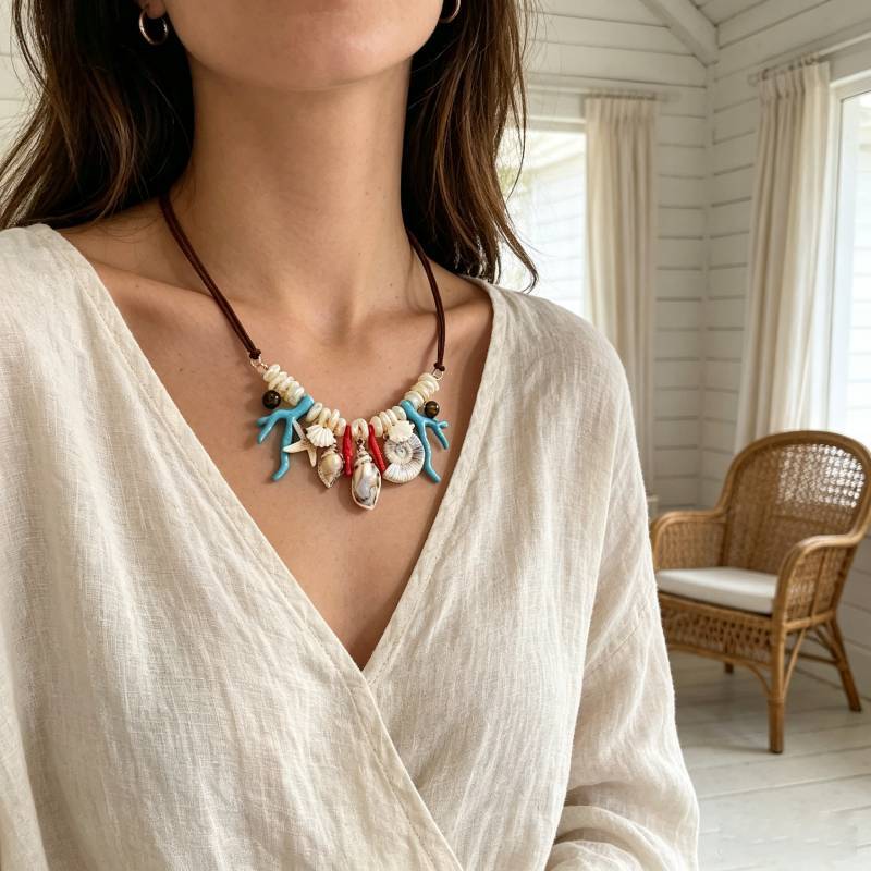 Summer Shell Necklace For Women With Handcrafted Coral And Shell Design For Beach Vacation