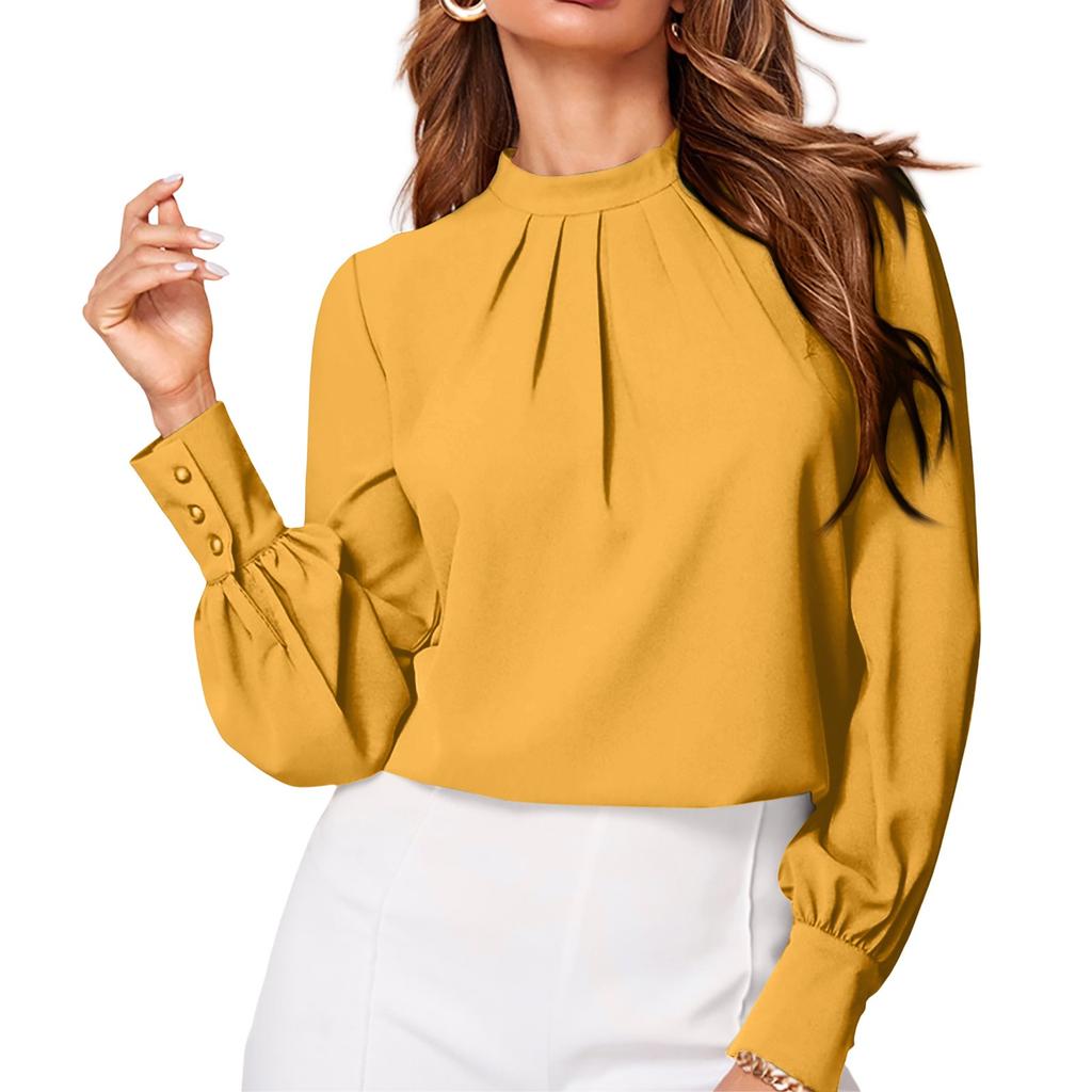 Ladies' Fashionable And Elegant Chest Pleated Stand Collar Long Sleeved Solid Color Top