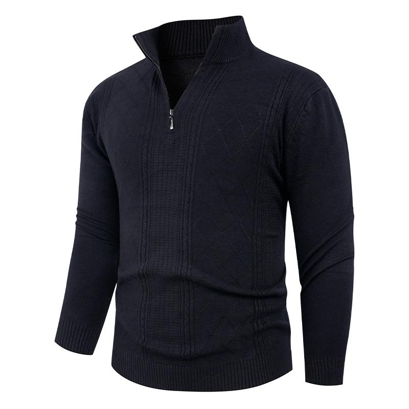 Men's Solid Color Long-sleeved Turtleneck Pullover Fashionable Semi-zipper Knit Top