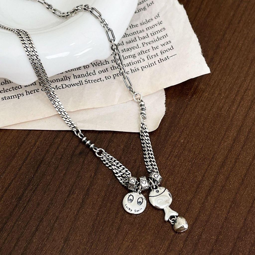 S925 Sterling Silver Heavy Industry Smiley Face Necklace Women's 2022 Retro Thai Silver Clavicle Chain