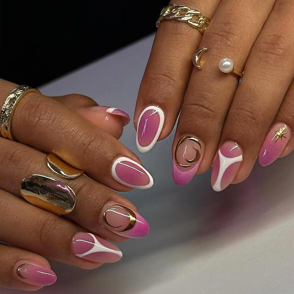 

24PCS Pink Blush Gradient French Fake Nails Golden Moon Star White Patterns Almond Press on Nails Wearable Sweet Cool False Nail