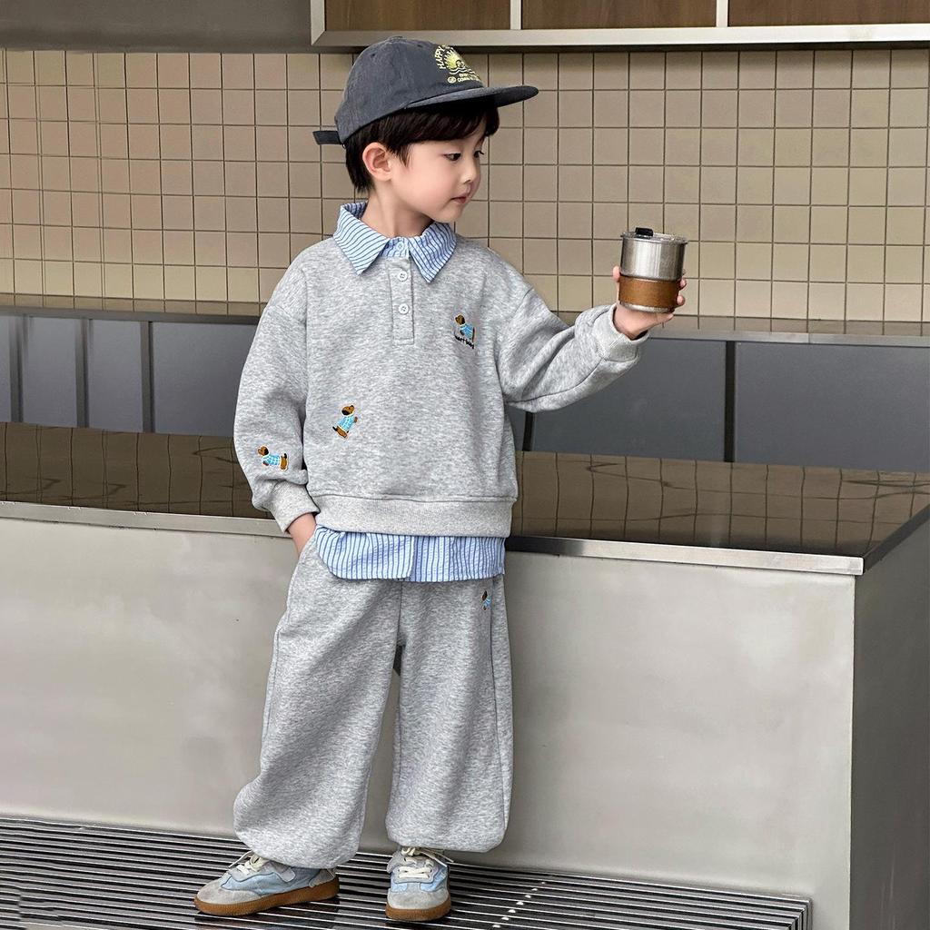 Korean Style Boys' Sweatshirt & Sweatpants Set - 2025 New Trendy Autumn Outfit for Kids