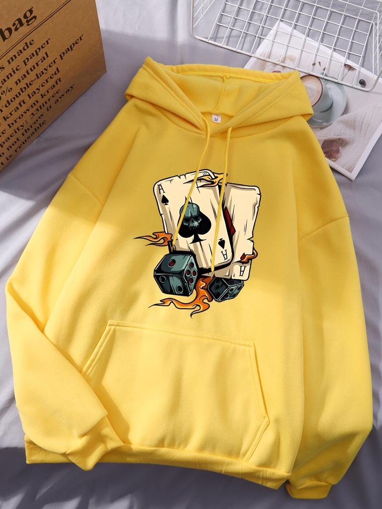 Skeleton Dice Card Printing Hoodies Womens Comfortable Loose Sweatshirts Casual Soft Pullovers Winter Fleece Warm Womans Clothes