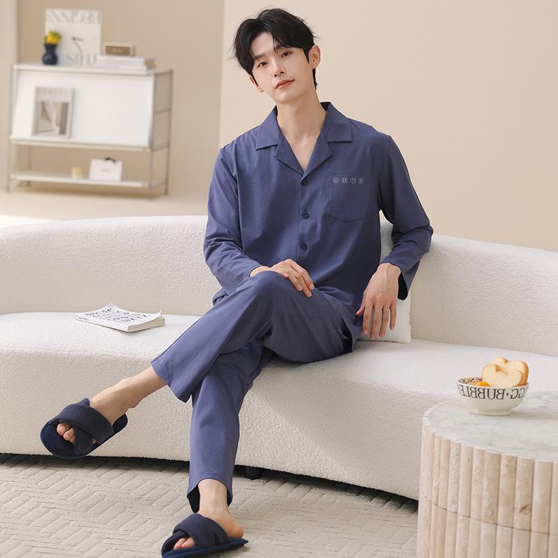 Couple pajamas pure cotton long-sleeved spring and autumn women's simple casual men's comfortable cardigan cotton loungewear set