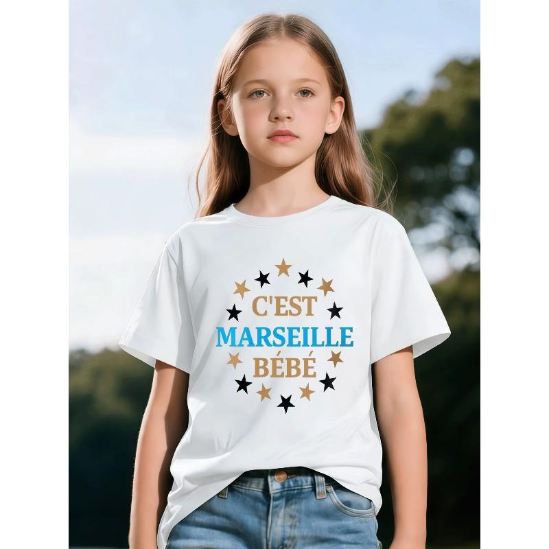 European Size Childrens Round-neck Short-sleeved T-shirt with Unique English Patterns C'EST MARSEILLE BEBE Kids