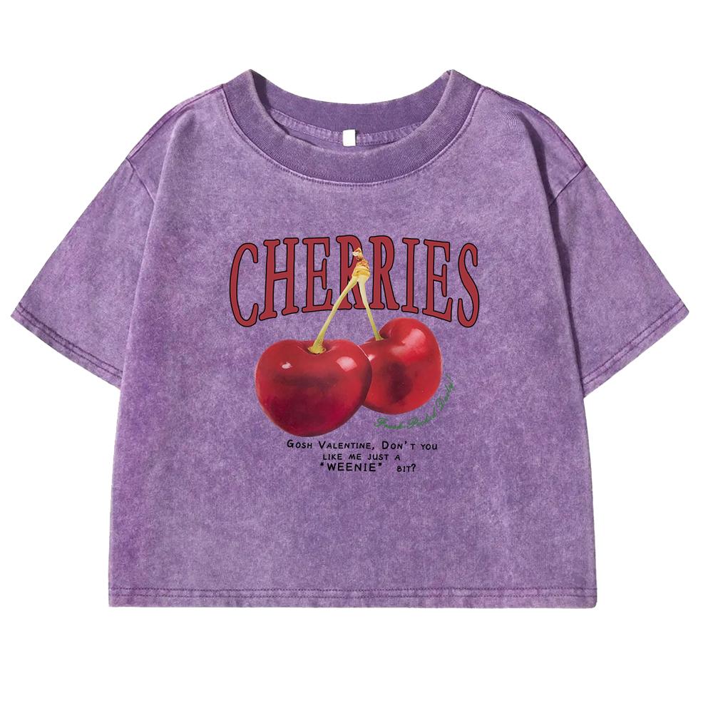 Red Cherries Letter Printed Female T-shirt Fashion Summer Washed Clothing Cotton Crop Top Retro Tee Shirts