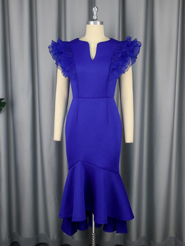 Blue Bodycon Dresses for Women V Neck Mesh Patchwork Flying Sleeve Mermaid Fashion Celebrity Birthday Dinner Occasion Midi Gowns