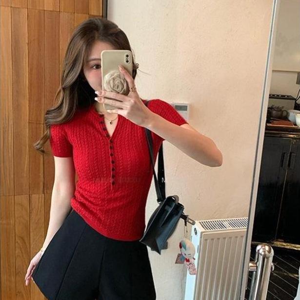 

Шикарный Ретро Красный Горячий Вязаный Топ с Коротким Рукавом: Стройнящий и подчеркивающий фигуру летний стиль One Size (Recommended for up to 125 jin) красный