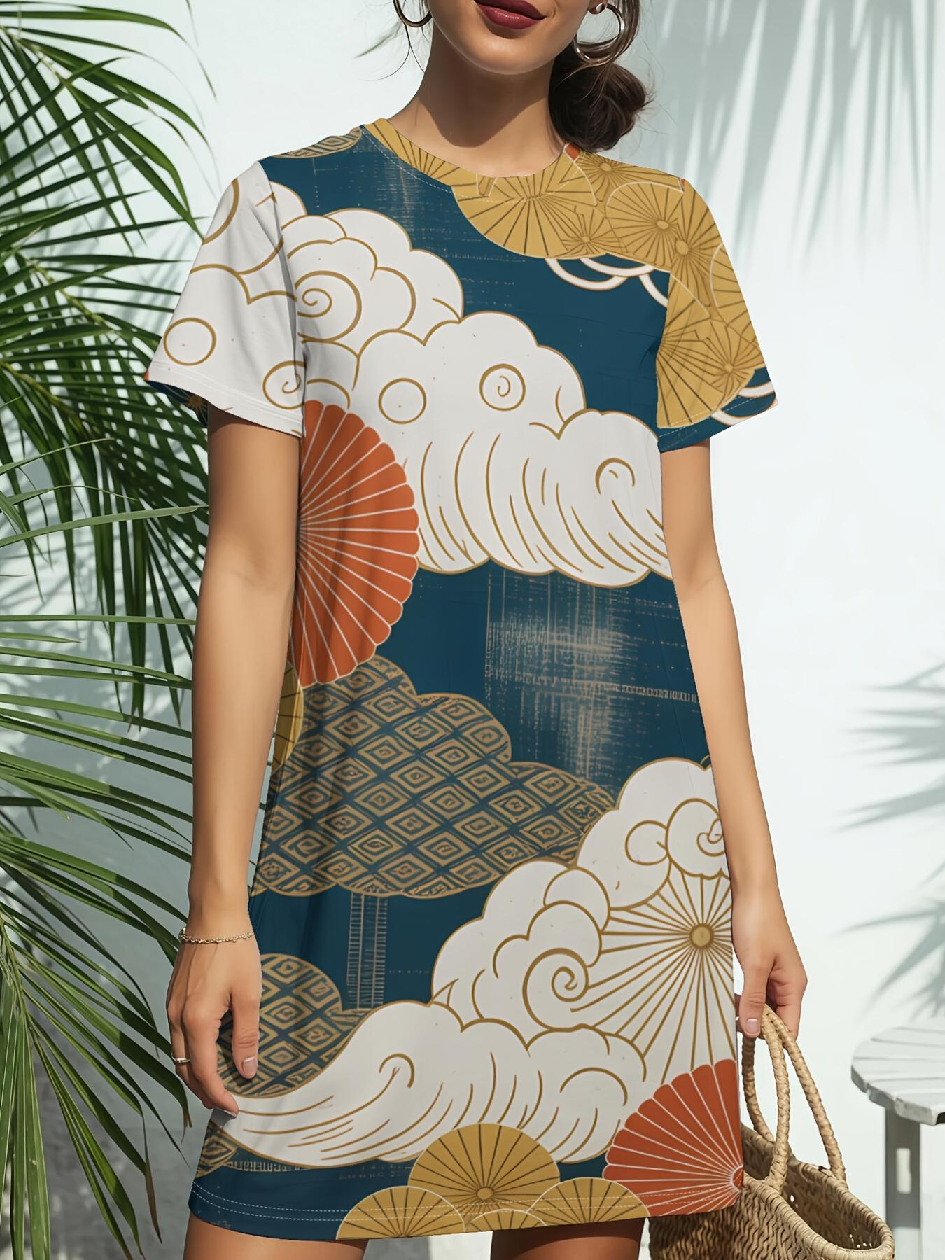 

Women s Short Sleeve T-Shirt Dress with Round Neck - Cloud Wave Suitable for Daily Casual Wear ; Gifts. Spring Summer Short Dress. American Style Digi 7XL дубильна кора