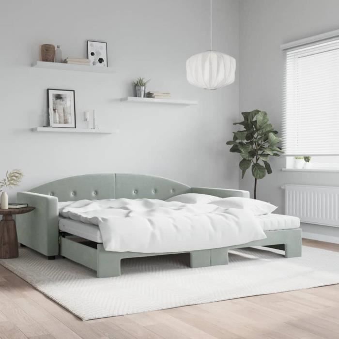 VidaXL Daybed and Trundle Bed and Mattress Light Grey 100x200 Cm Velvet 3197332