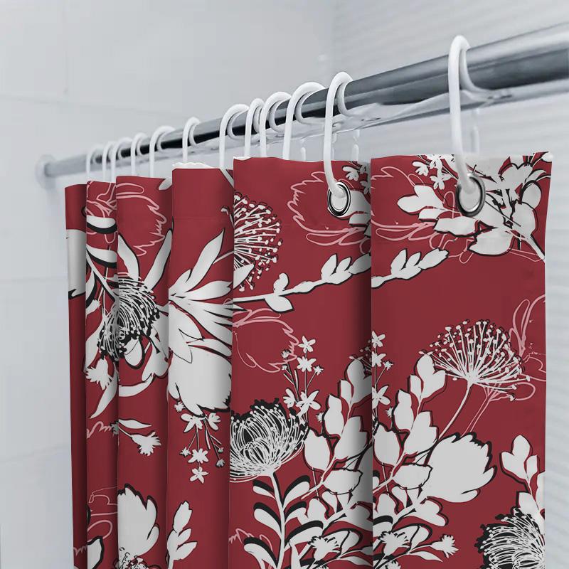 Red Floral Shower Curtain With Black White Flowers For Bathroom Decor Modern Home Textile Decoration Size Customizable 180Cm X 1