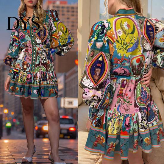Stand Collar Lantern Sleeve Dress Fall Summer Women Single-breasted Long Sleeves Slim Vintage-inspired Waist Vintage Ruffle Edge Pleated Colorful