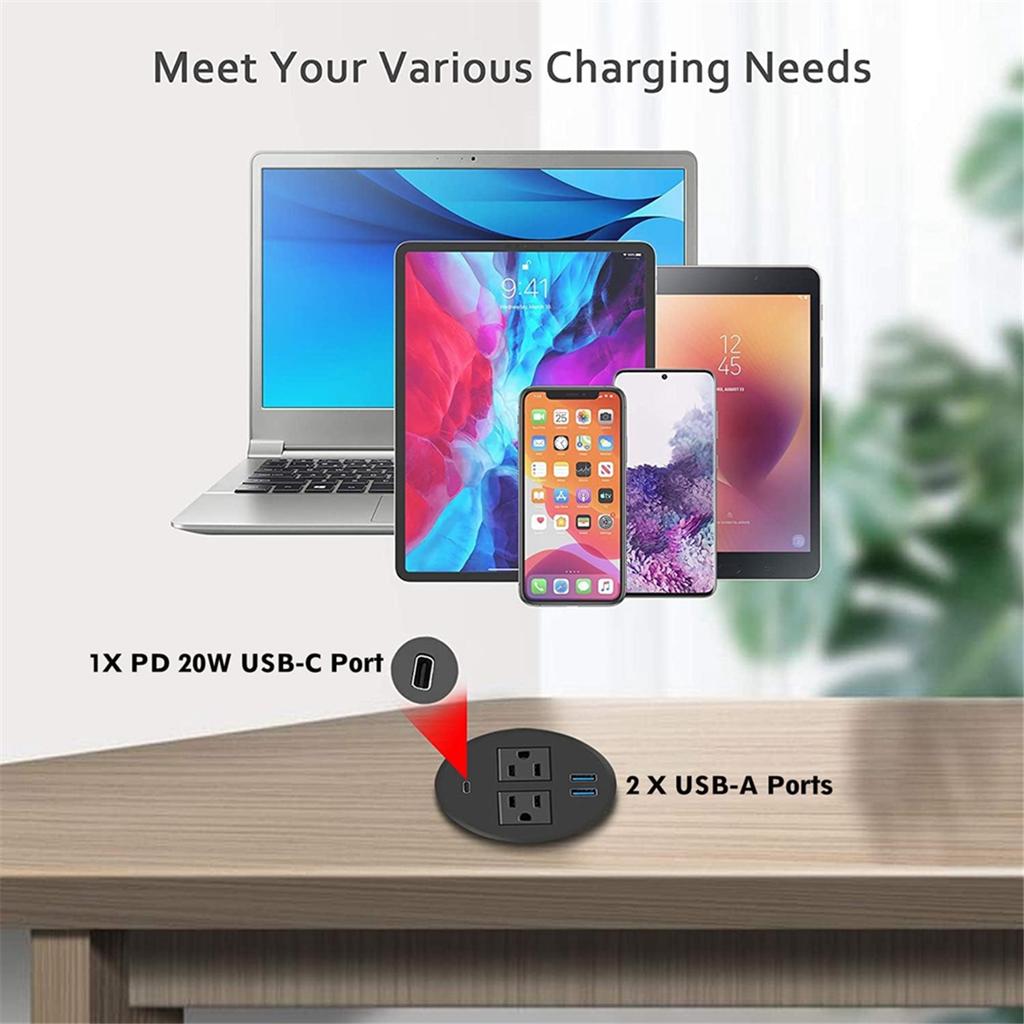 2025+Power Grommet with USB for Desktop Desktop Power Data Outlet with 2 AC Outlets and 2 USB Ports Black US Plug 2USB+1PD