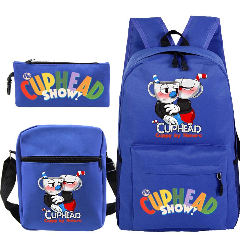 Cartoon Teacup Head Cuphead Student School Bag Backpack Three-piece Set Children's Shoulder Bag Pencil Bag