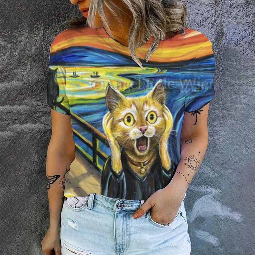 Women's T-Shirt Fashion Leisure Funny Cats Humor Pattern Printing Summer Short Sleeved Women's T-Shirt Women's Oversized T-Shirt