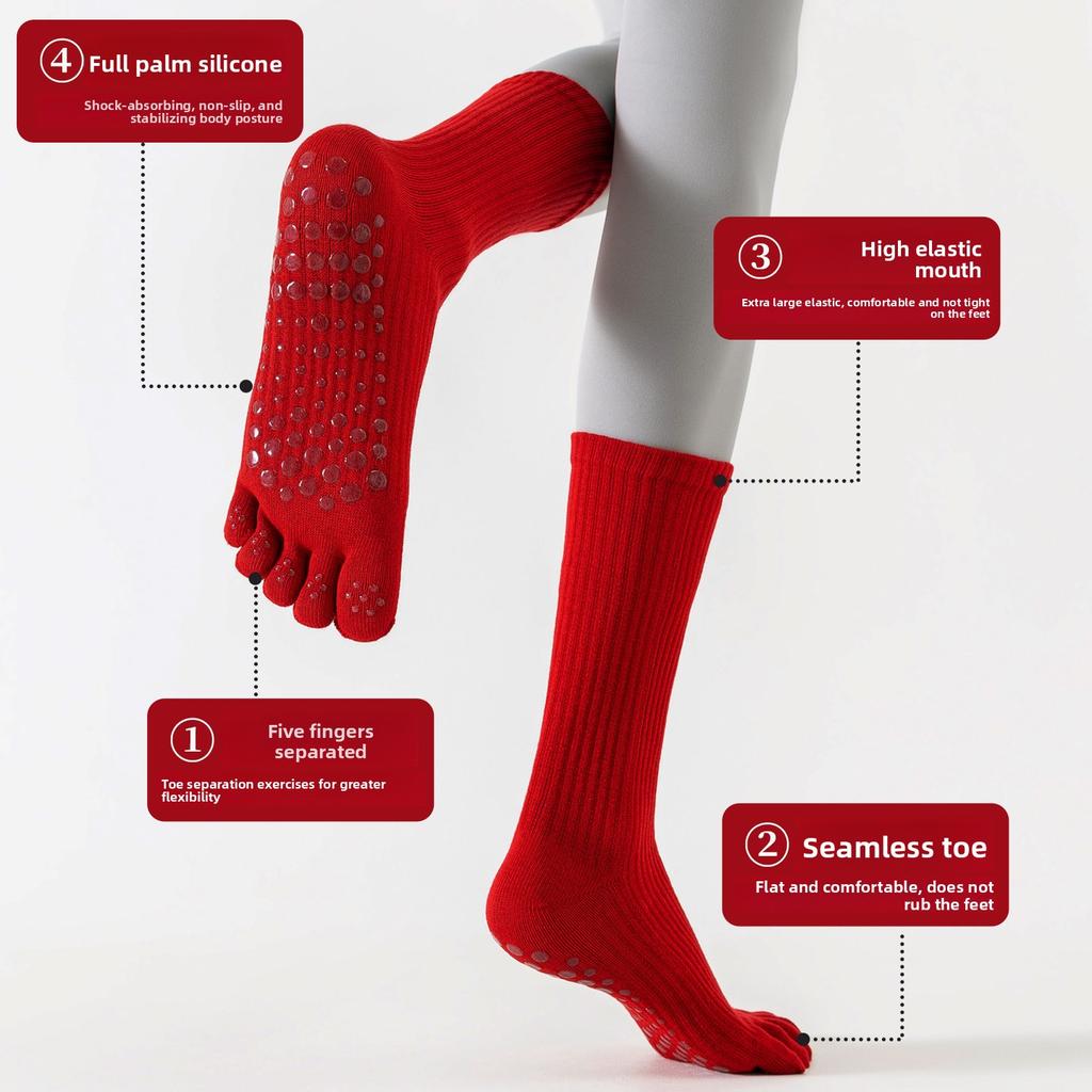 Five-finger Yoga Socks with Anti-slip Properties for Pilates Training Exercises. Red Striped Long Ankle Socks with Split Toes.