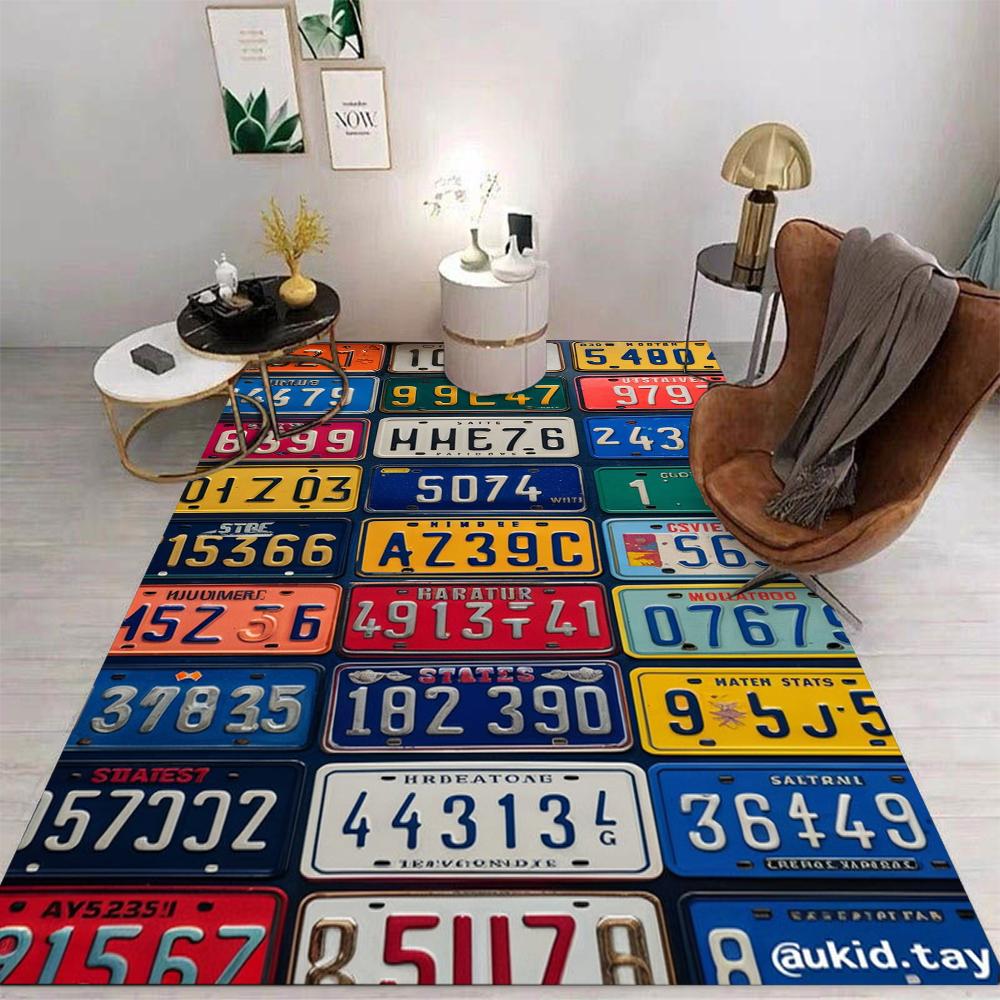Vintage License Plate Area Rug Retro Car Plates Collage Design Nostalgic Automotive Decor for Living Room Bedroom Non Slip Mat