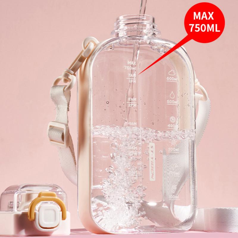 Square Flat Transparent Portable Water Bottle with adjustable strap lightweight for hiking school travel office