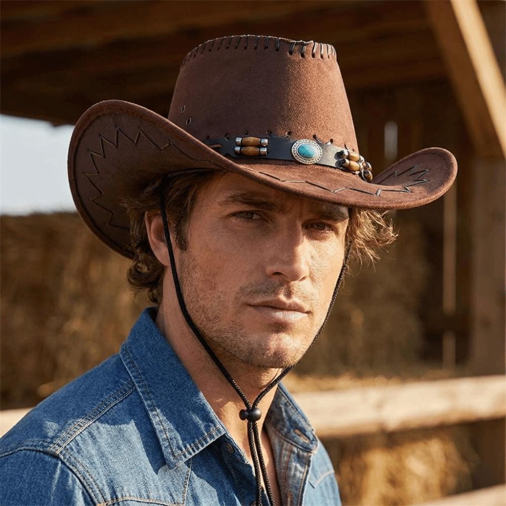 Wide Brim Fedora Hat Leather Belt Sun Hat Travel Western Cowboy Hat  Camping