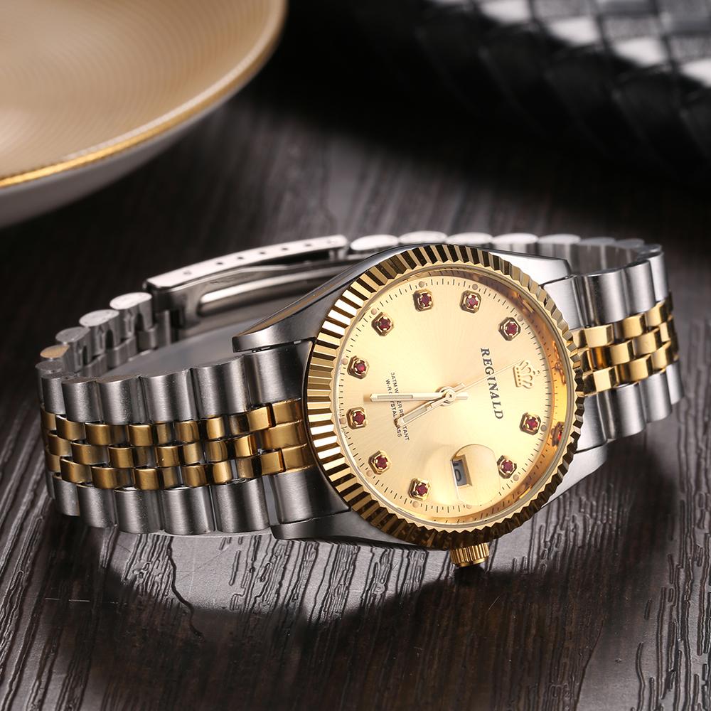 REGINALD Brand Mens Dress Style Business Watch Steel Wristband Golden Men Quartz Watch Valentine's Day Present For Man