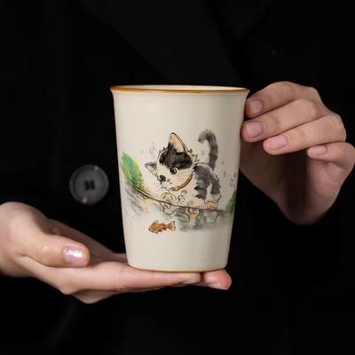 Ru Kiln Cute Cat Coke Cup Teacup Master Cup Ceramic Household High-End Personal Tea Cup Teacup