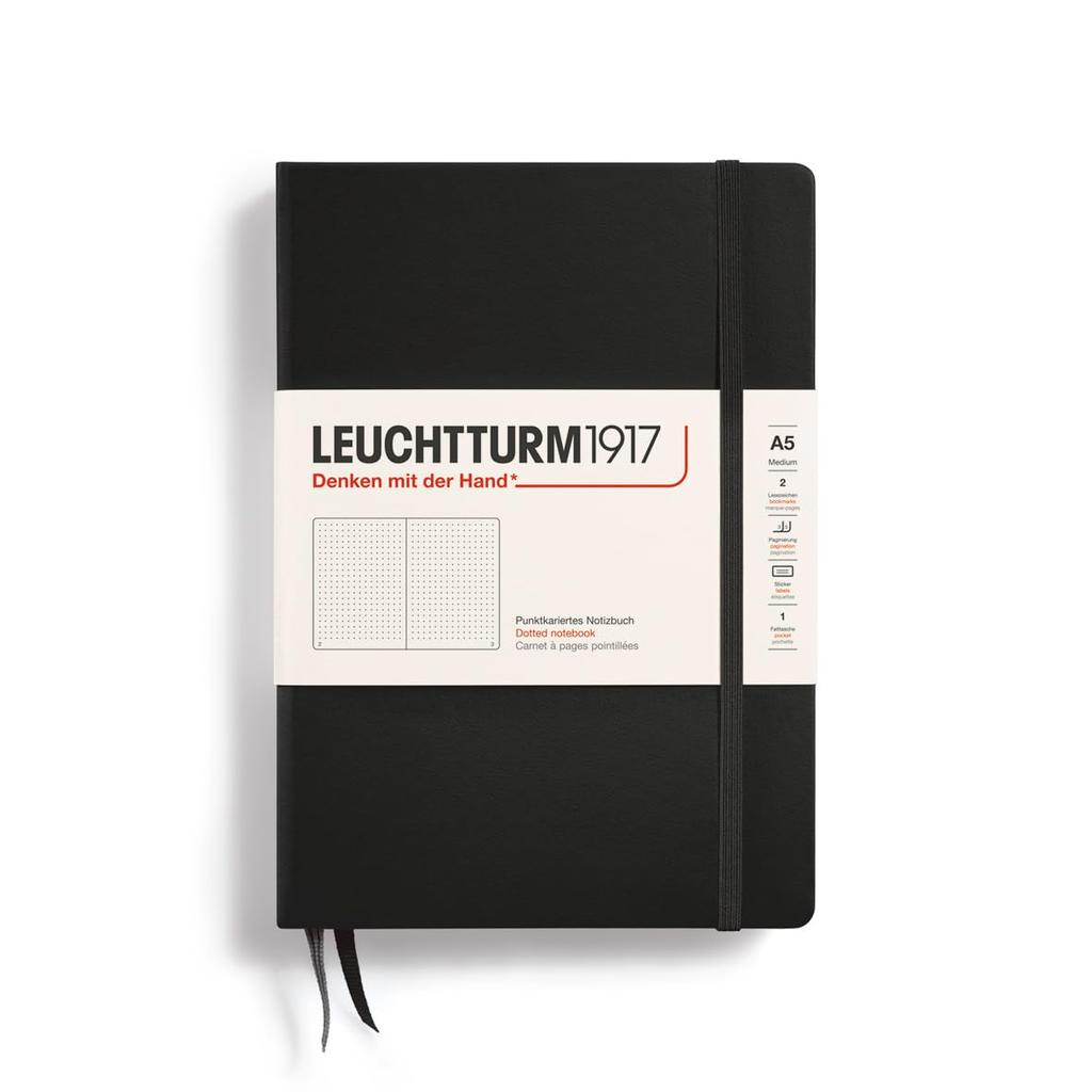Leuchtturm A5 Dotted Officially Imported Notebook, Grid, Black, 329398,