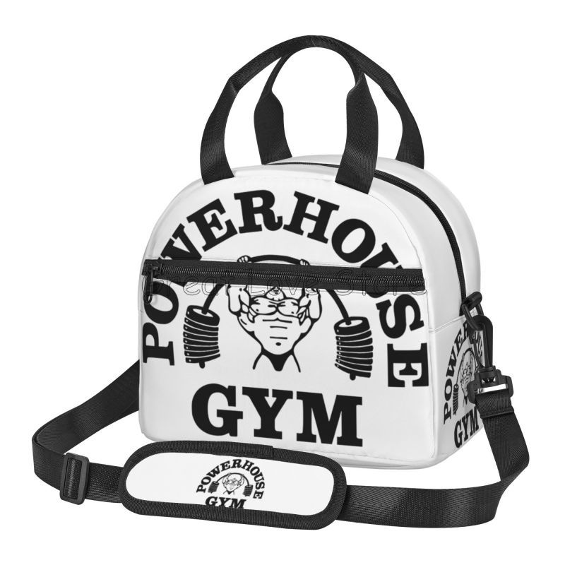 Powerhouse Gym Logo Print Thermal Lunch Bag with Adjustable Shoulder Strap Insulated Lunch Box Reusable Portable Bento Tote Bag