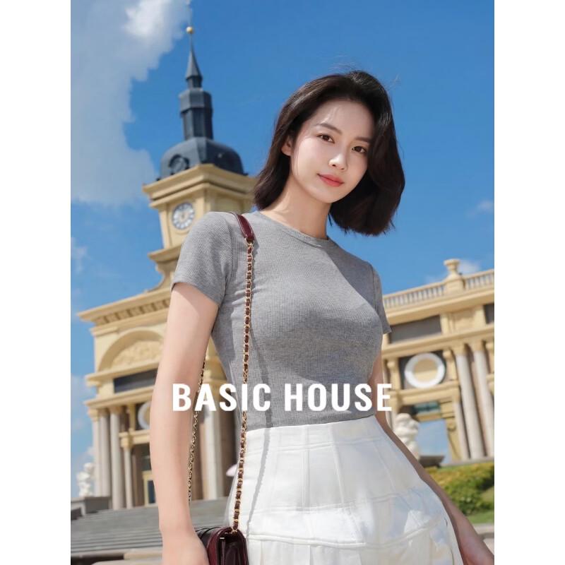 Basic House Women s Round Neck Slim Fit Knitted T-Shirt M