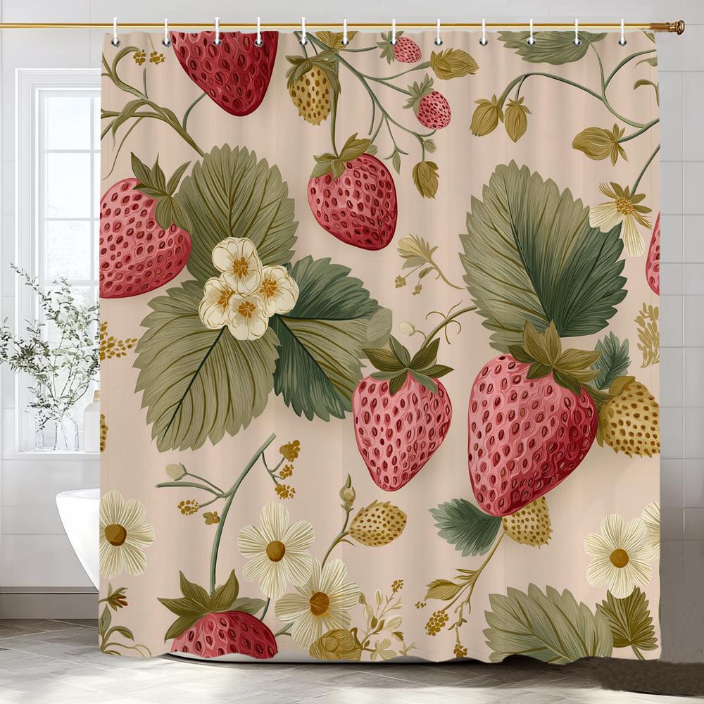 Lemon, Strawberry, Peach Tropical Fruit Shower Curtain, Bathroom Decorative Shower Curtain, Print Polyester Curtain With Hooks