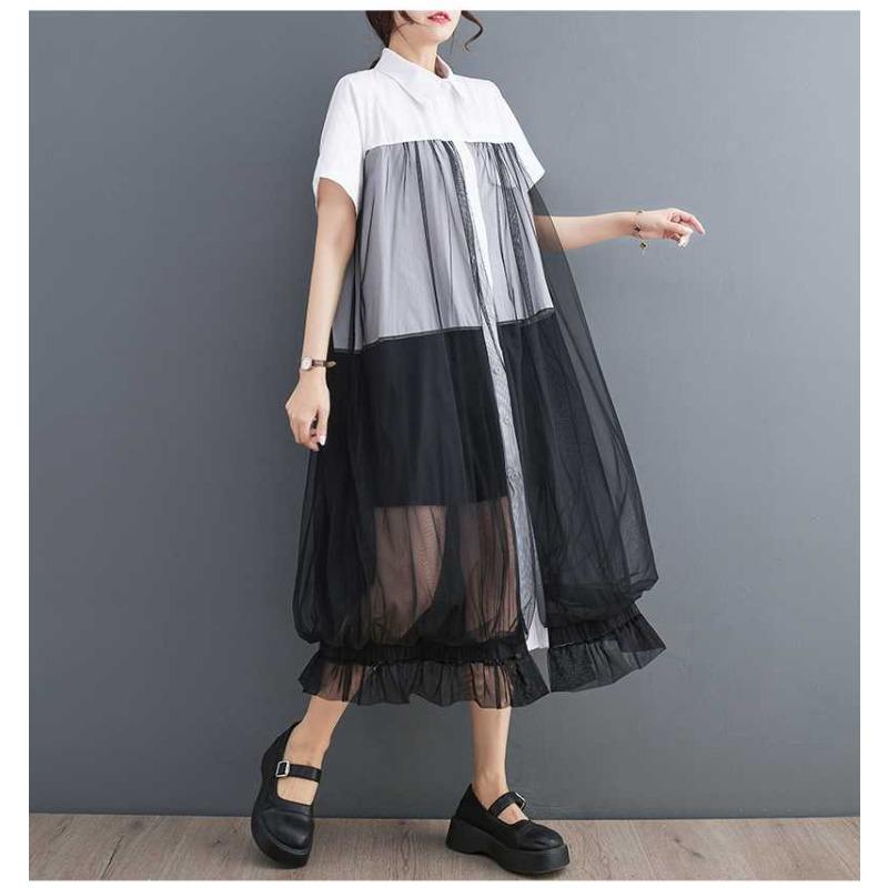 Ladies' Fashion Mesh Splicing Shirt Skirt Loose Casual Dress