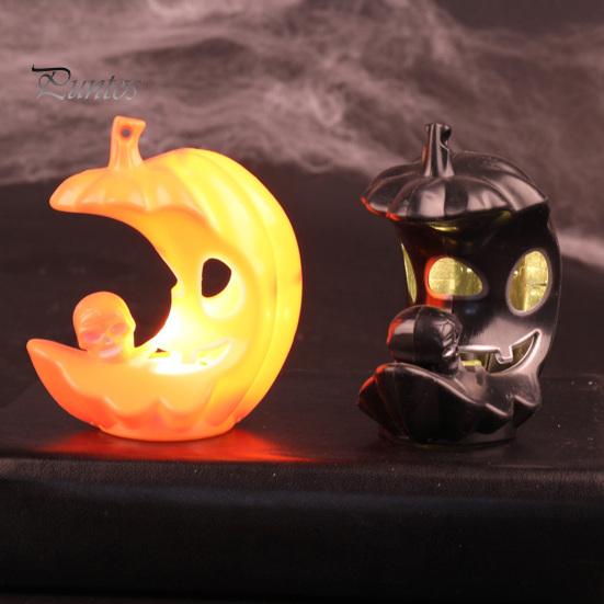 Desktop Figurine for Window Sill LED Light-Up Halloween Pumpkin Moon Figurine, Spooky Face Crescent Hollow Party Skull Night Light Home Shelf