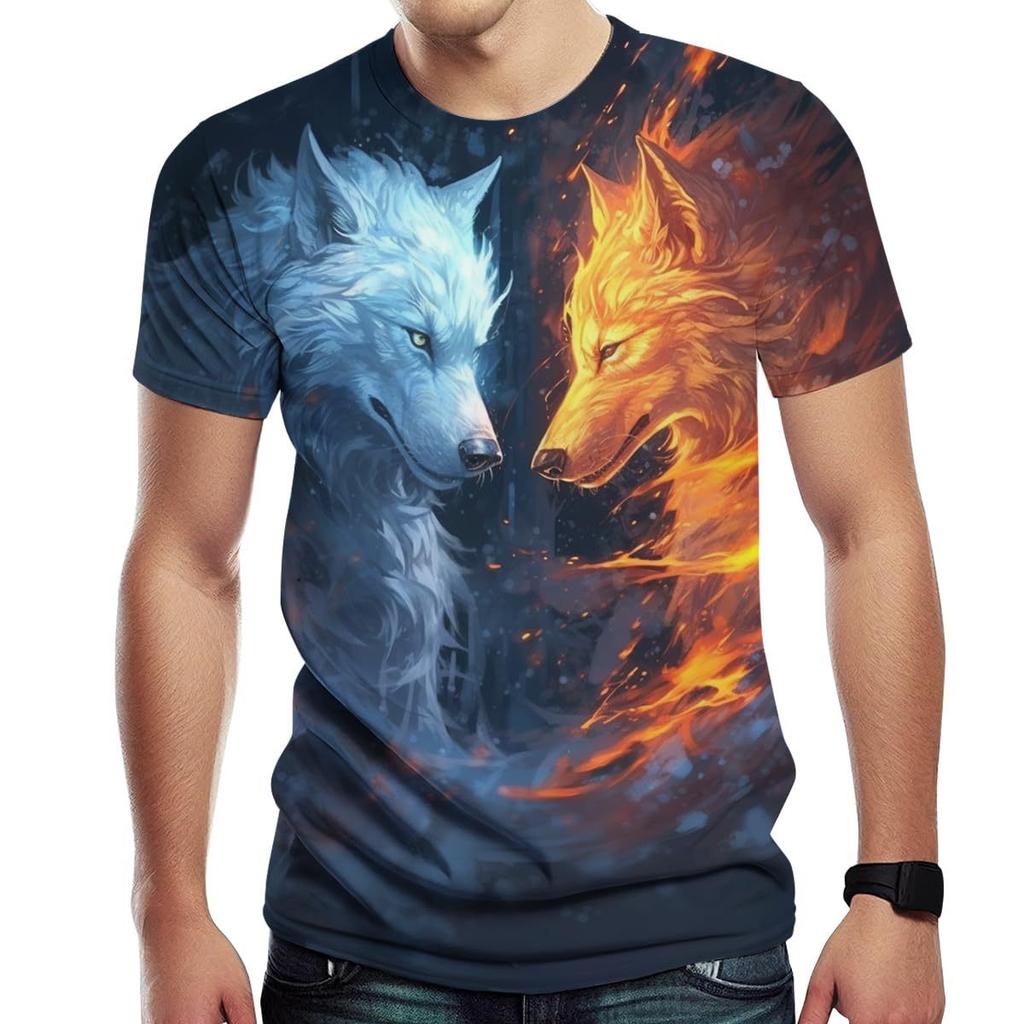Summer 3D Printed T-shirt Men's Wolf Pattern Round Neck Short Sleeved T-shirt