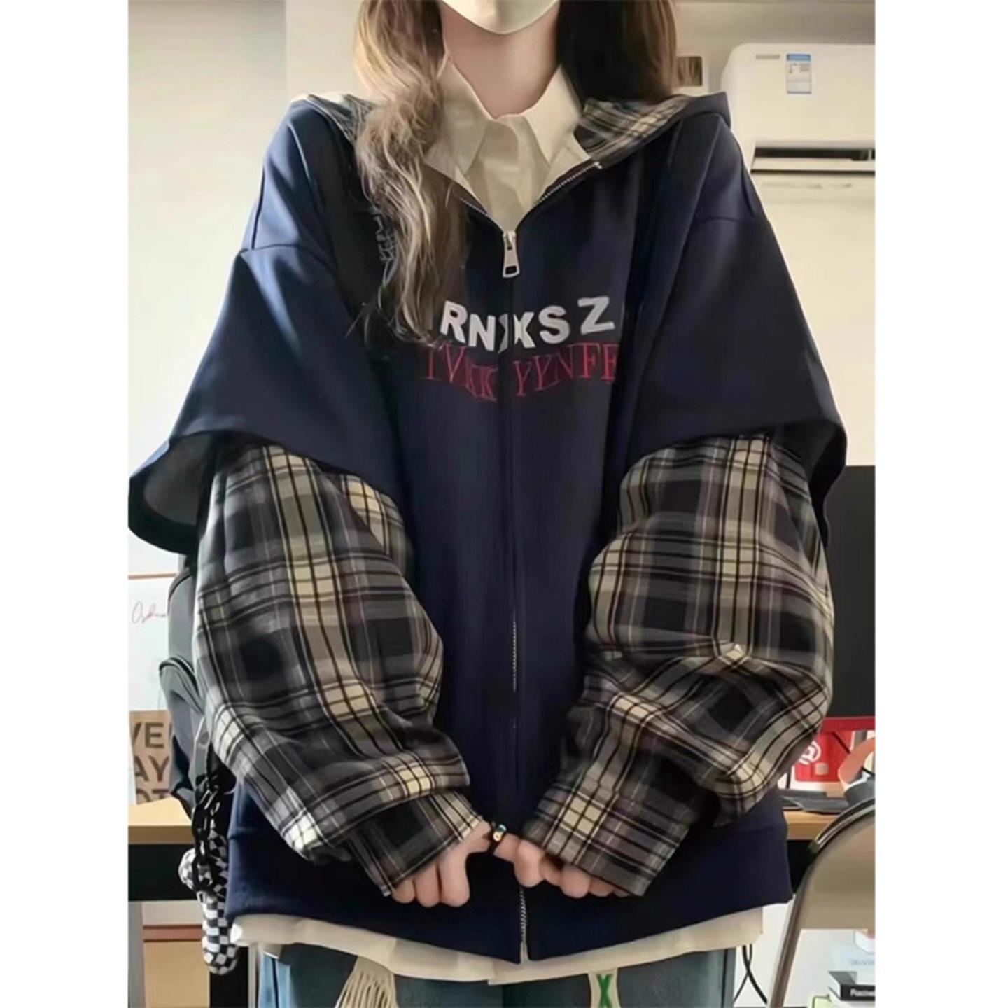 Contrasting fake two-piece splicing plaid cardigan navy blue sweater jacket trendy women XL темно-синий