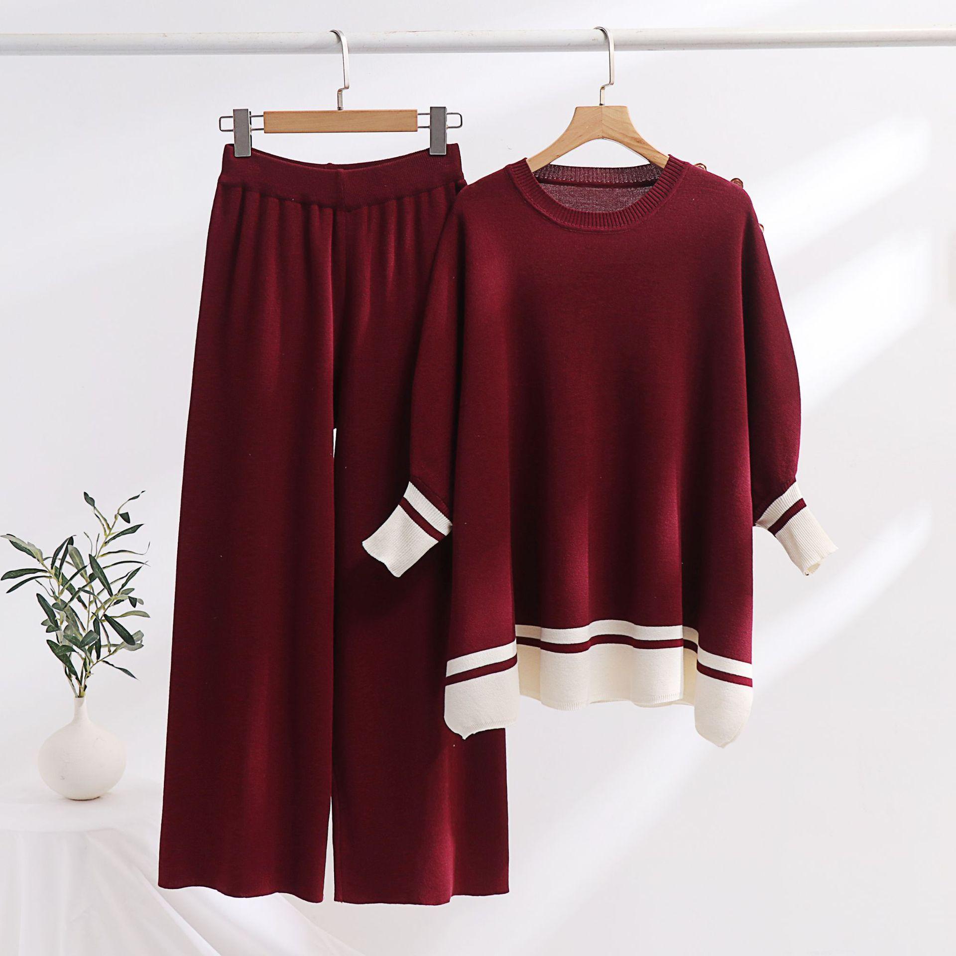 

Женский комплект из 2-х предметов: свитер, свободный трикотажный свитер с цветными блоками, топ, широкие брюки, комплекты для отдыха, осенне-зимняя дорожная одежда, спортивный костюм для женщин One Size красный