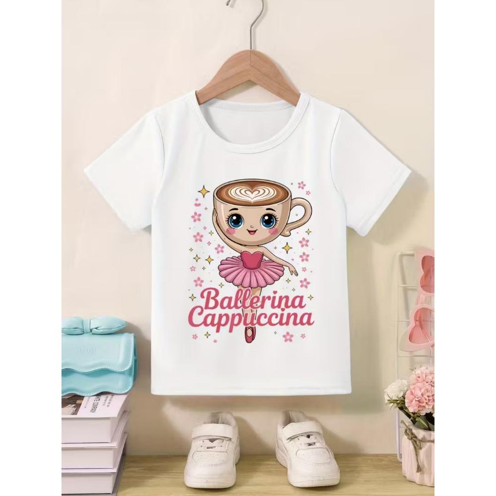 Ballerina Cappuccina Mädchen T-Shirt Italienischer Brainrot Lustige Kinder T-Shirts Sommermode Kurzarm Tops für Kinder Niedliche Kleidung