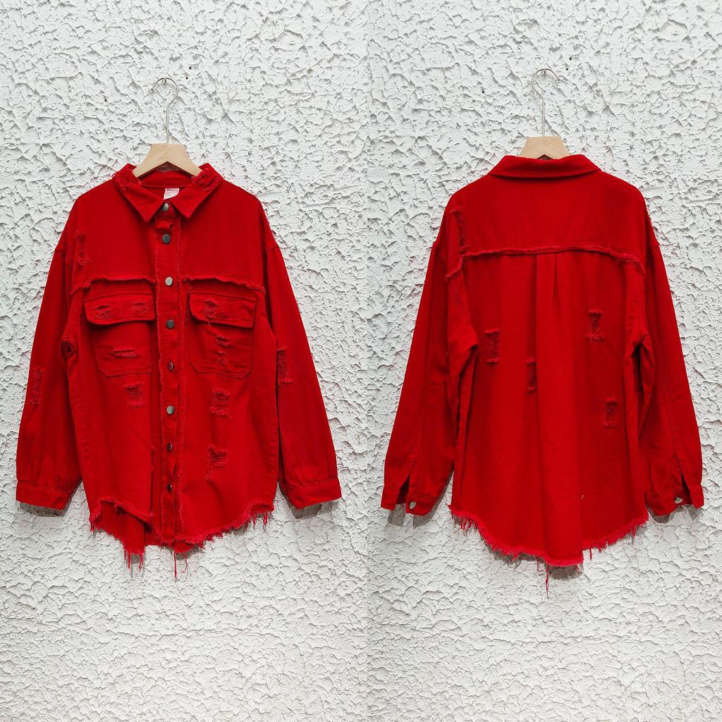 Ny 2023 Dame Høst/Vinter Denim Cardigan - Ensfarget, Enkeltradet Skjortejakke med Nedslått Krage