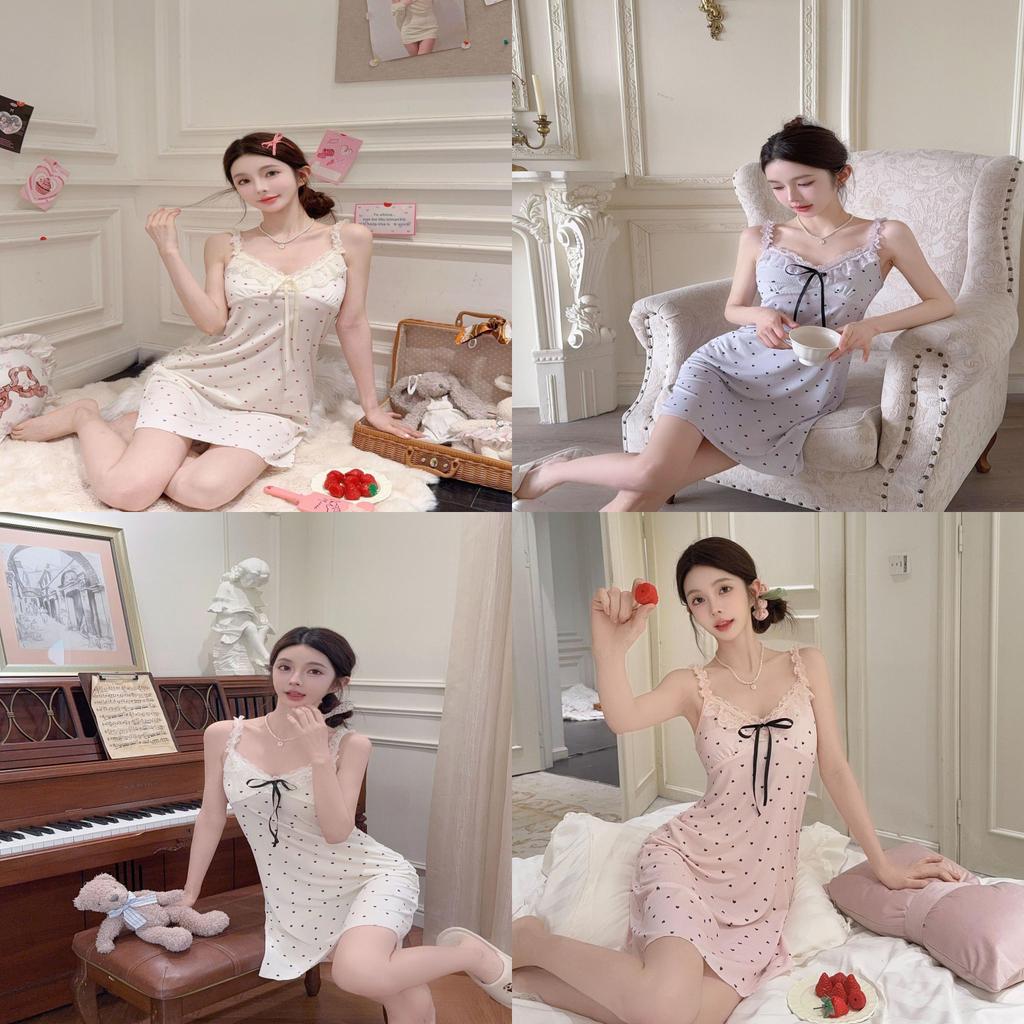Ice Silk Sleep Dress For Women With Vneck Sleeveless Cute Heart Pattern Summer Nightwear
