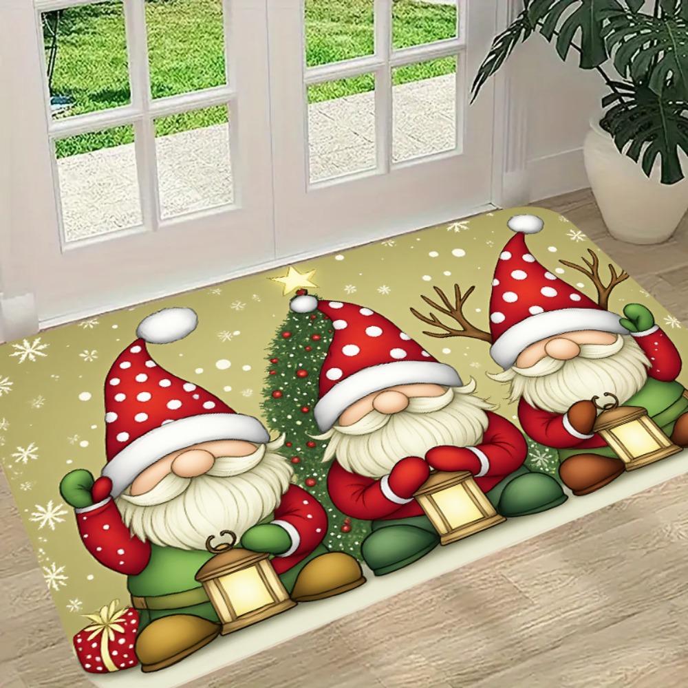 Festive Gnome Trio Doormat Lantern Tree Rug, Soft Polyester Machine Washable Door Carpet for Christmas Entryway Home Decor