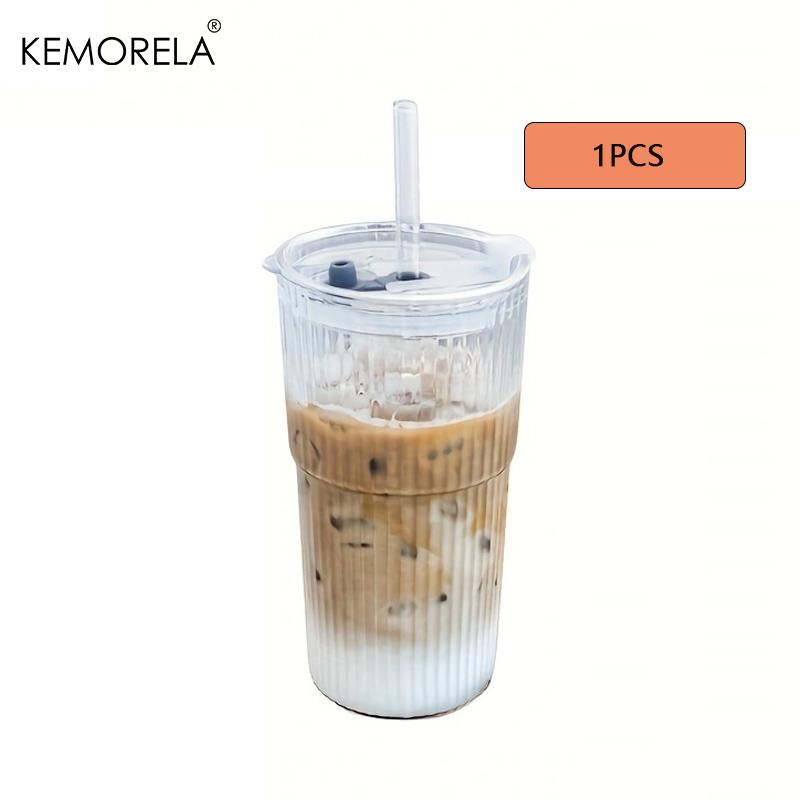 KEMORELA 1/2PCS Ribbed Glass Tumblers with Lids and Straw 600ML Large Capacity Coffee Cup for Iced Americano and Juice Coke Beer