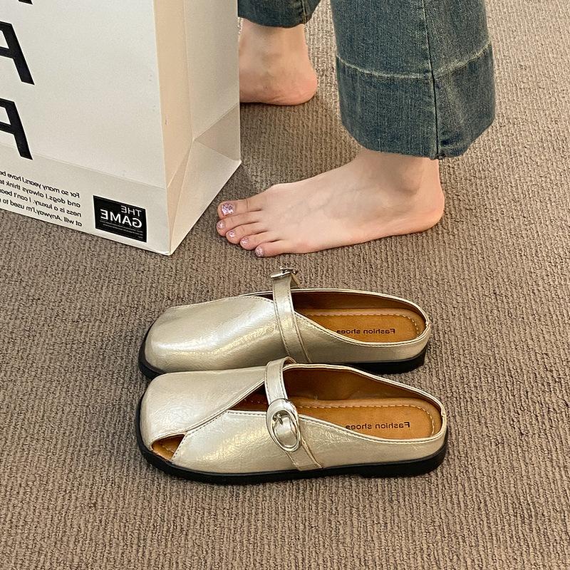 French flat bottom square head bag head half slippers women's summer wear 2025 new one-pedal with skirt single shoes sandals