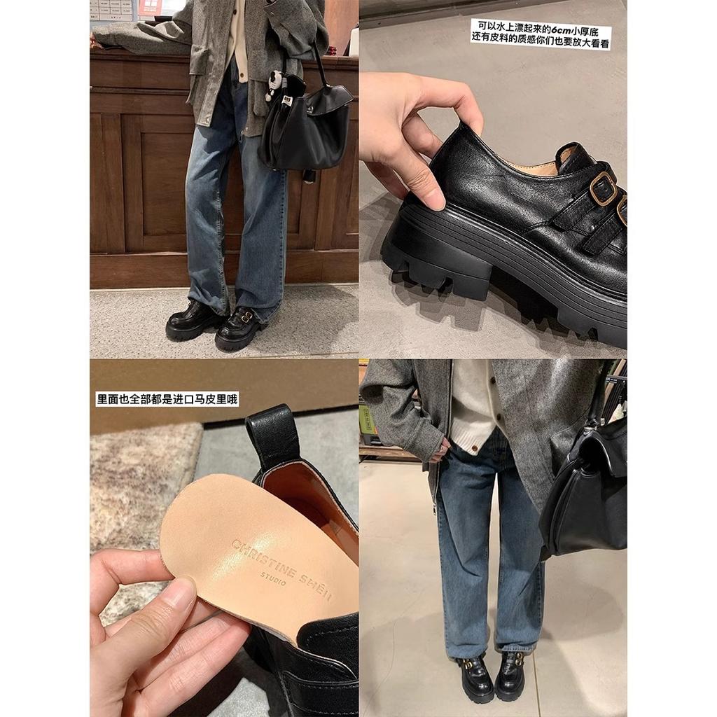 Washed Cowhide Version~ Height Increase 6cm Genuine Leather Small Gold Buckle Thick Heel Thick Sole Loafer Single Shoes Women's Leather Shoes