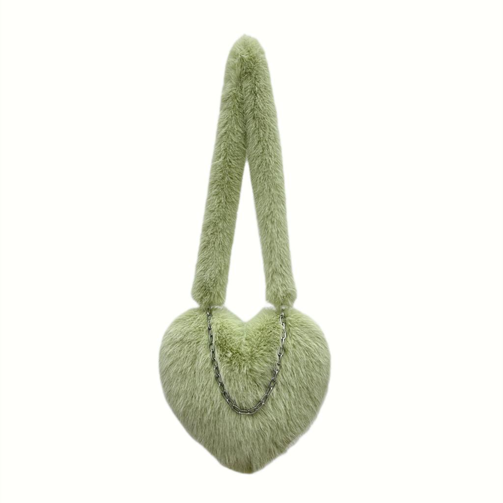 Women Winter Faux Fur Heart Shoulder Bag Soft Plush Chain Crossbody Purse Warm Fluffy Clutch Handbag