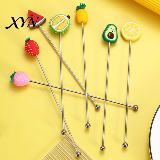 Stir Stick Cocktail Stick, Stainless Steel Mixing with Durian Pineapple Strawberry Cute Drink Stirrer Watermelon Rubber Top Decor, for Bar Milk