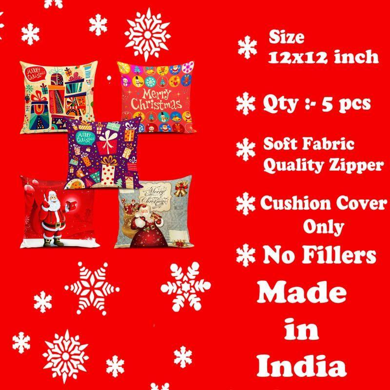 Soft Fabric Designer Decorative Printed Merry Christmas Theme Cushion Cover Xmas Decorations for Sofa Living Room Set of 5 12 X 12 Inch Multi