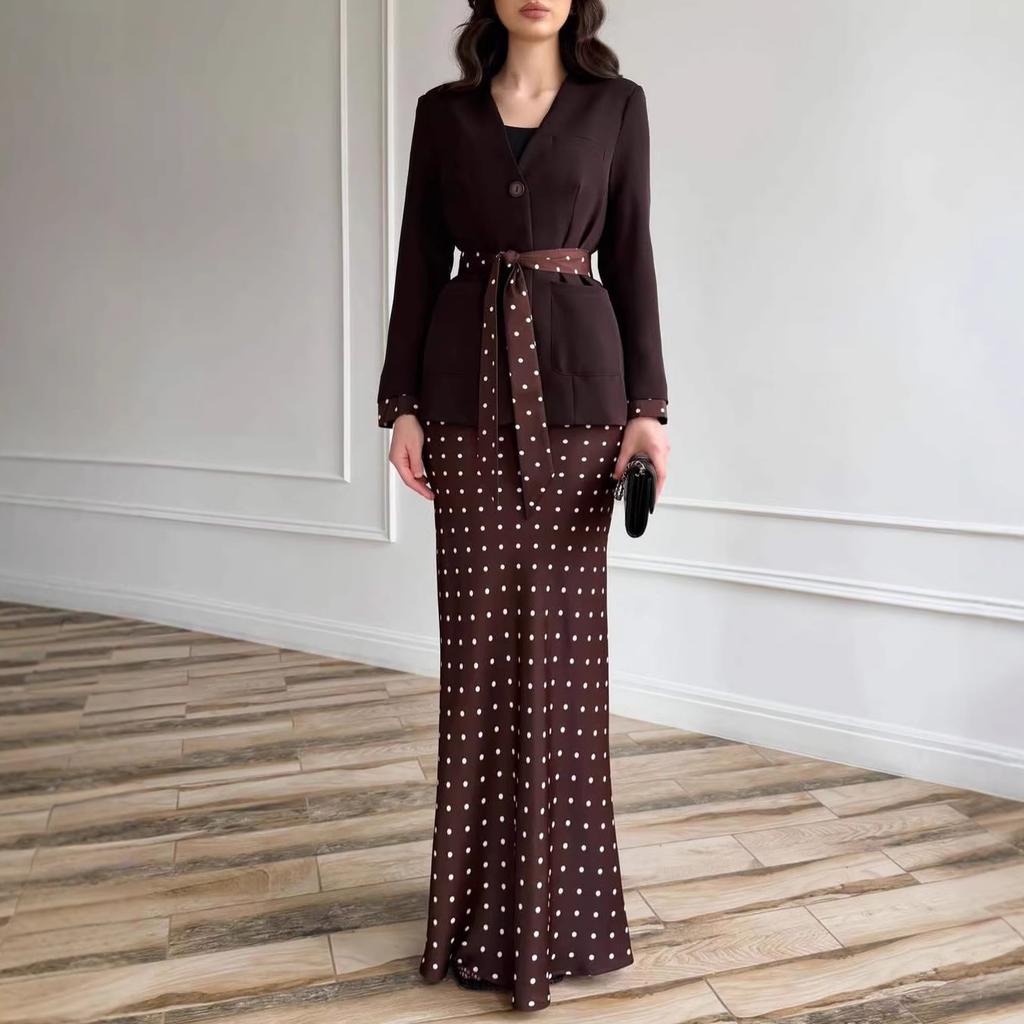 Cross-border European and American Women's Clothing  Amazon Sexy Lace-up Casual V-neck Jacket Fashion Polka Dot Skirt