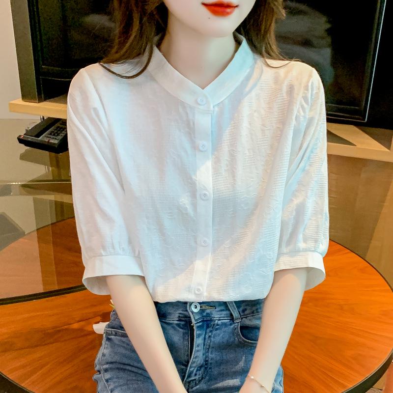 2024 Summer Women's Loose-Fit Pure Cotton Five-Sleeve Stand-Collar Top